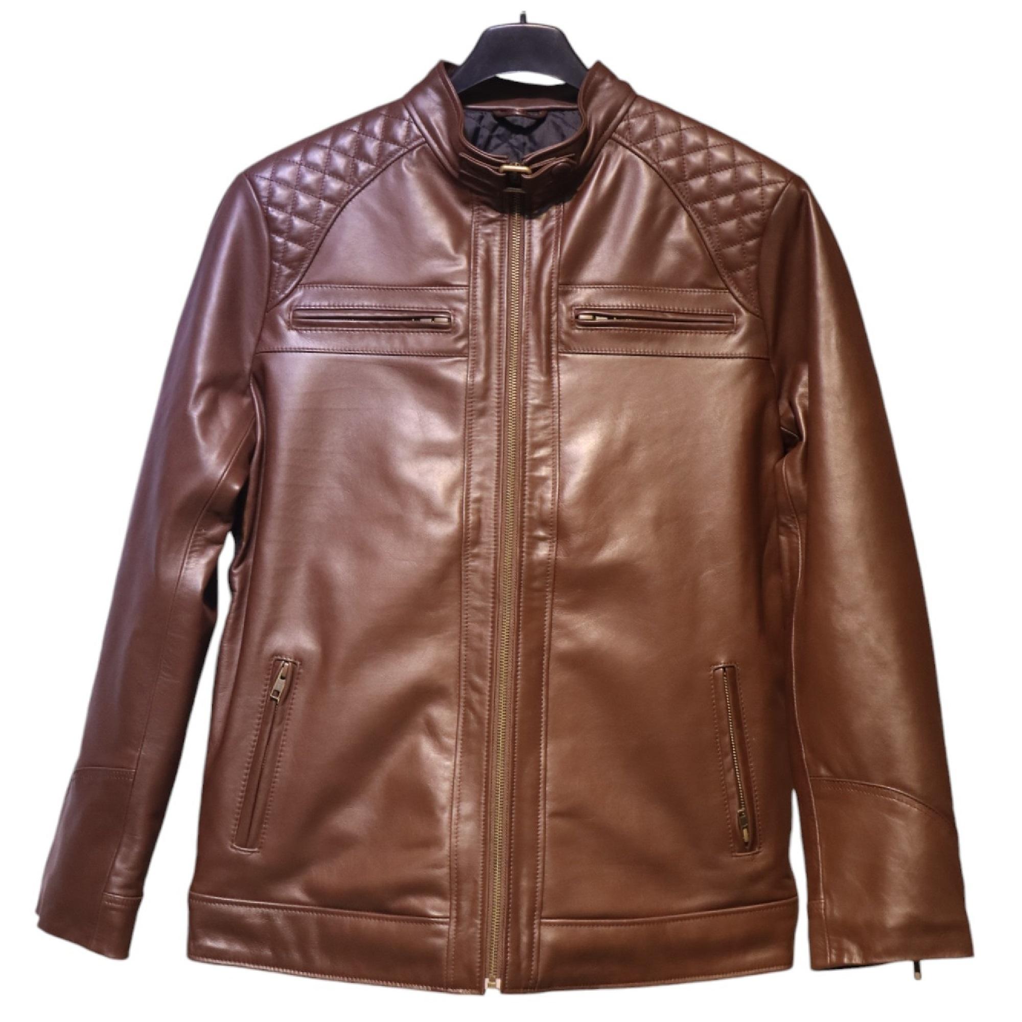 Brown Biker Leather Jacket Plain Shape